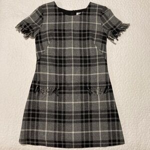 Amanda Uprichard Black and Gray Tweed Sheath Midi Dress | Short Sleeves | Fringe